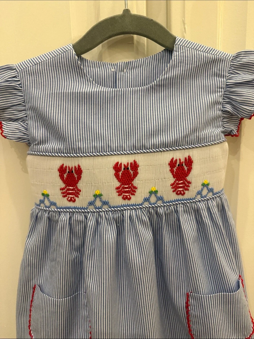 Remember Nguyen Blue & White Pinstripe Lobster Nautical Smocked Dress